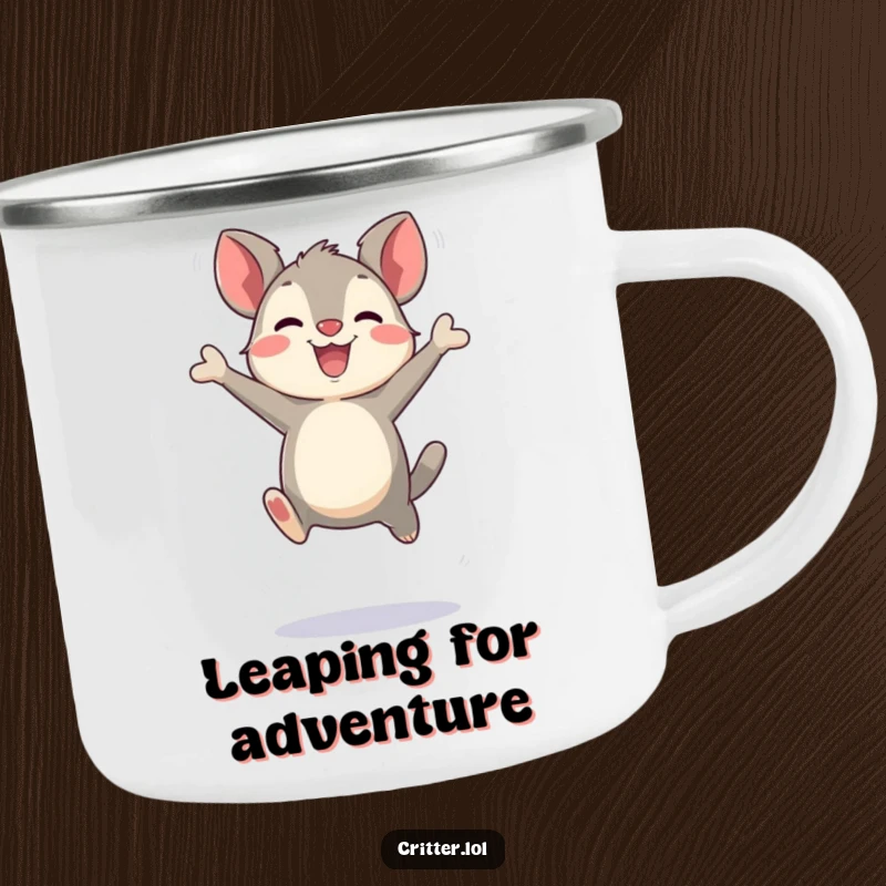 Funny bouncing critter character making exaggerated joyful leaps on a rugged camping mug, ready for fun and adventure, a perfect funny gift.