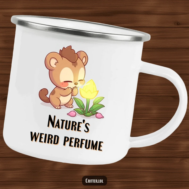 Funny curious creature character intently sniffing a mysterious glowing plant on a rugged camping mug, ready for any adventure, a perfect funny gift.