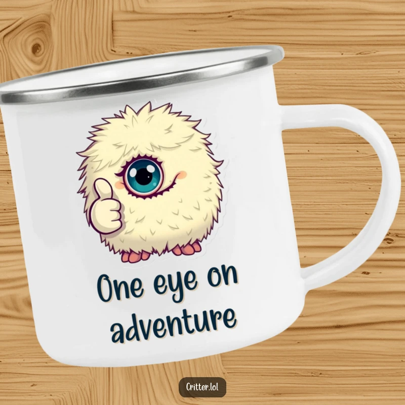 Funny enamel camping mug featuring a tiny, fluffy, one-eyed monster giving a thumbs up.