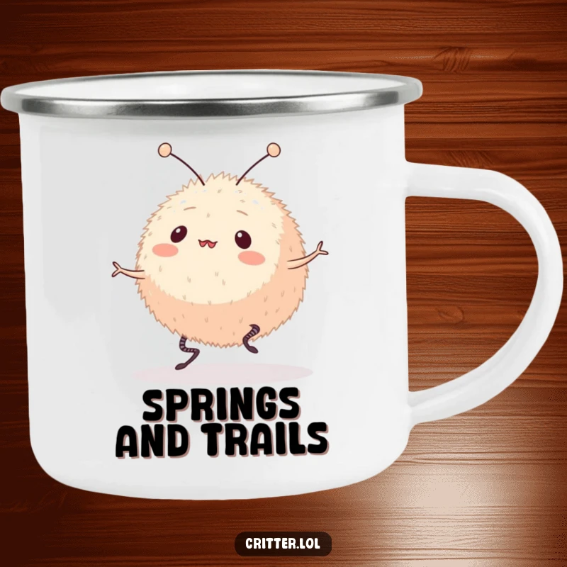 Funny camping mug illustrating a round, furry creature with antennae bouncing on springy legs, ready for adventure. A durable and humorous outdoor companion.