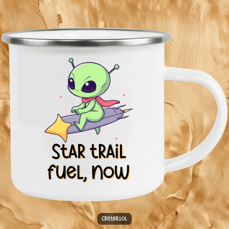 Funny camping mug featuring a small alien riding a shooting star, designed for rugged adventures and a good laugh.