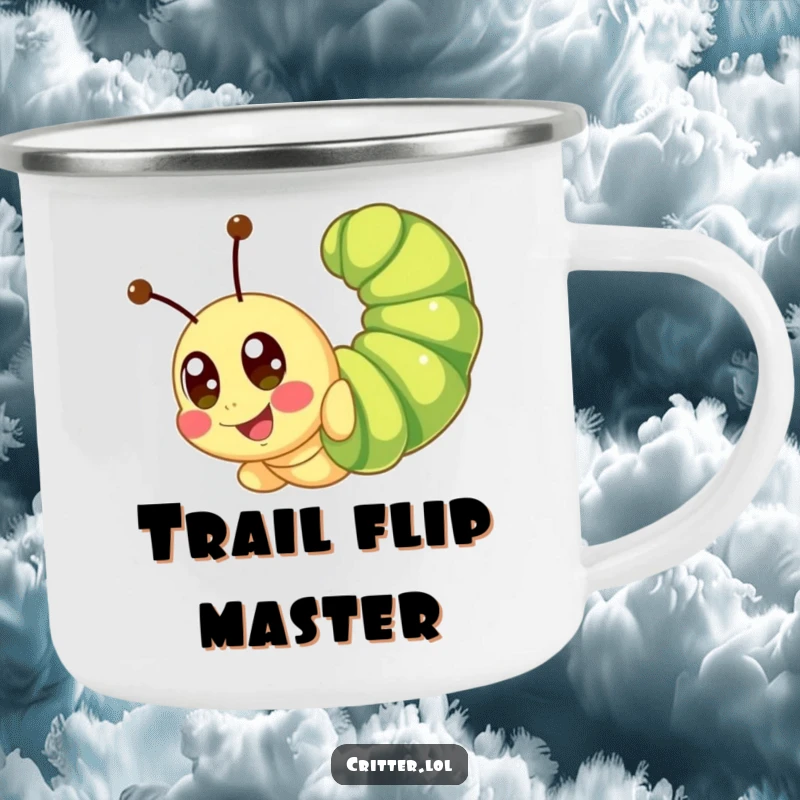 Funny caterpillar camping mug showing a cute character happily somersaulting, built for adventure and smiles.