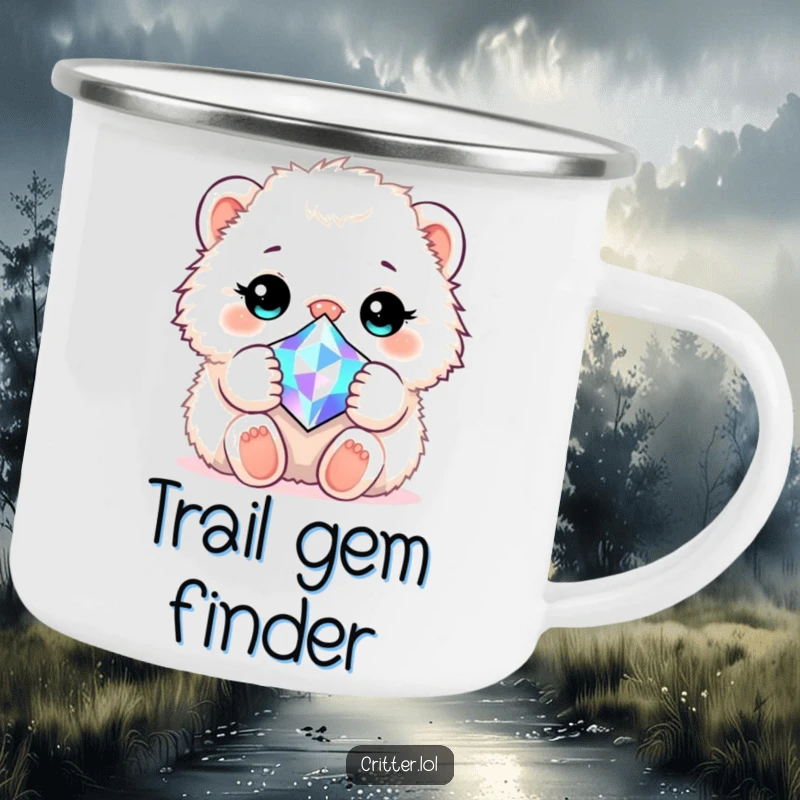 Funny camping mug showing a fluffy creature hugging a glowing, sparkling gem, built for adventure.