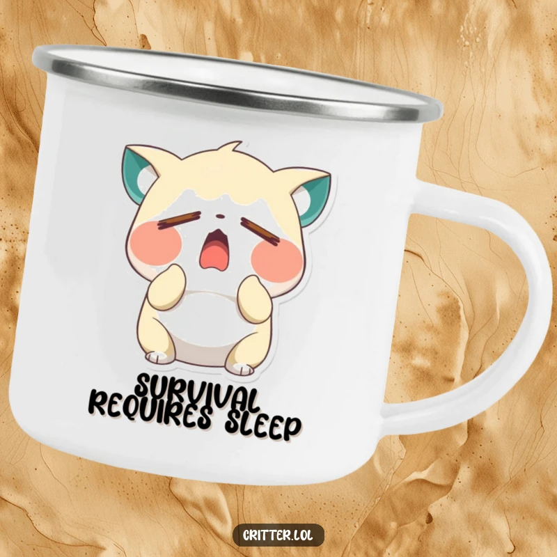 Funny sleepy critter character yawning wide with closed eyes on a rugged camping mug, ready for adventures and naps, a perfect funny gift.
