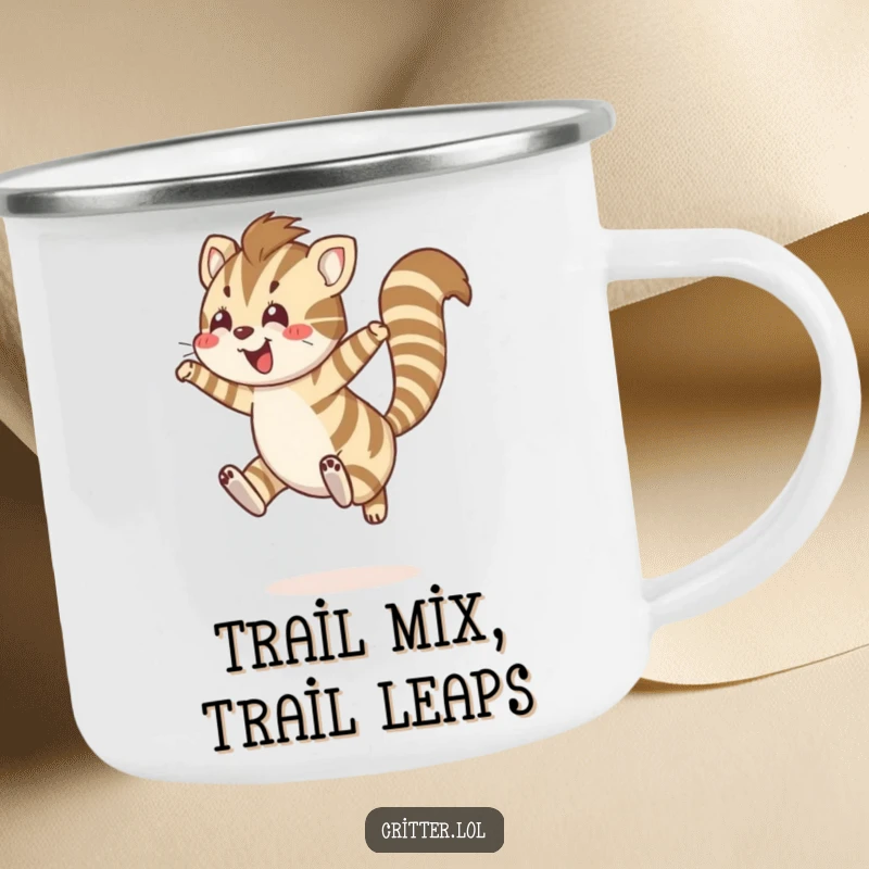 Funny camping mug showing a striped creature with a bushy tail leaping joyfully, ready for any adventure.