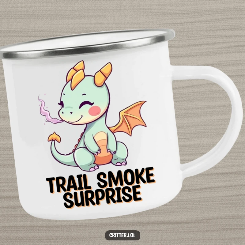 Funny camping mug showing a tiny dragon puffing out a delightful cloud of vivid smoke, ready for adventure.