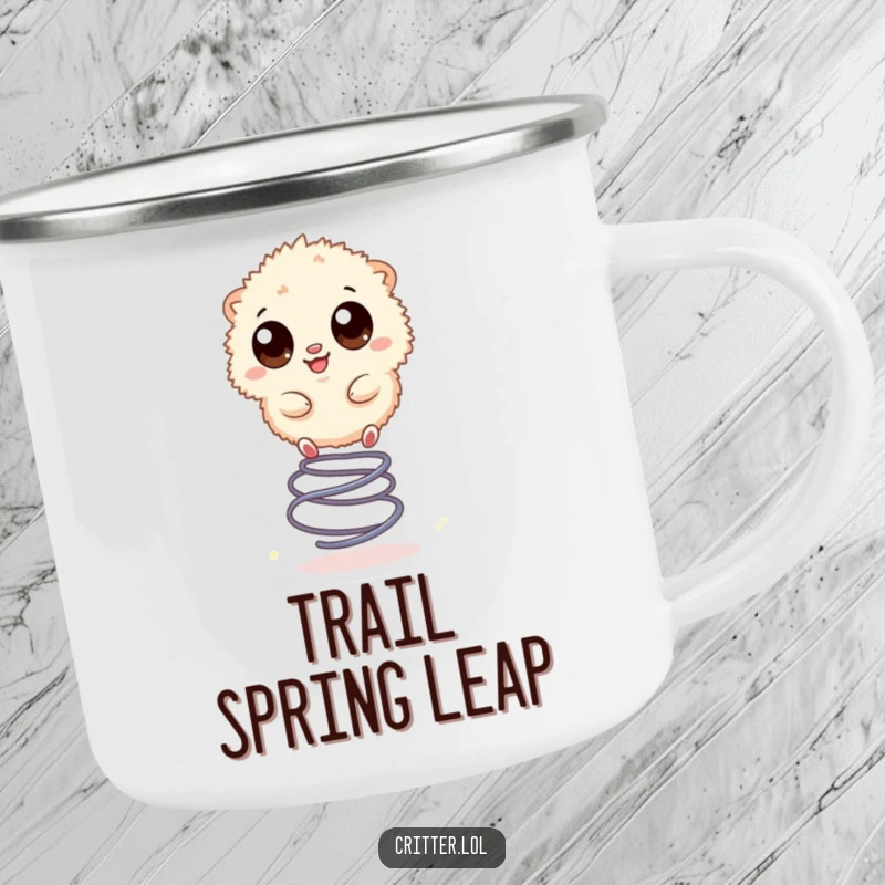 Funny camping mug featuring a small, fuzzy creature with large eyes happily bouncing on a spring, perfect for outdoor fun.