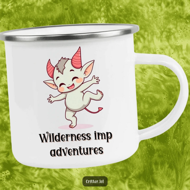 Funny camping mug with a cute imp with devil horns doing a cartwheel, perfect for outdoor enjoyment and mischief.