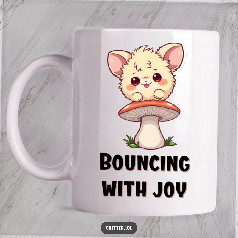Funny mug featuring a playful, fuzzy creature with large ears bouncing energetically on top of a mushroom.