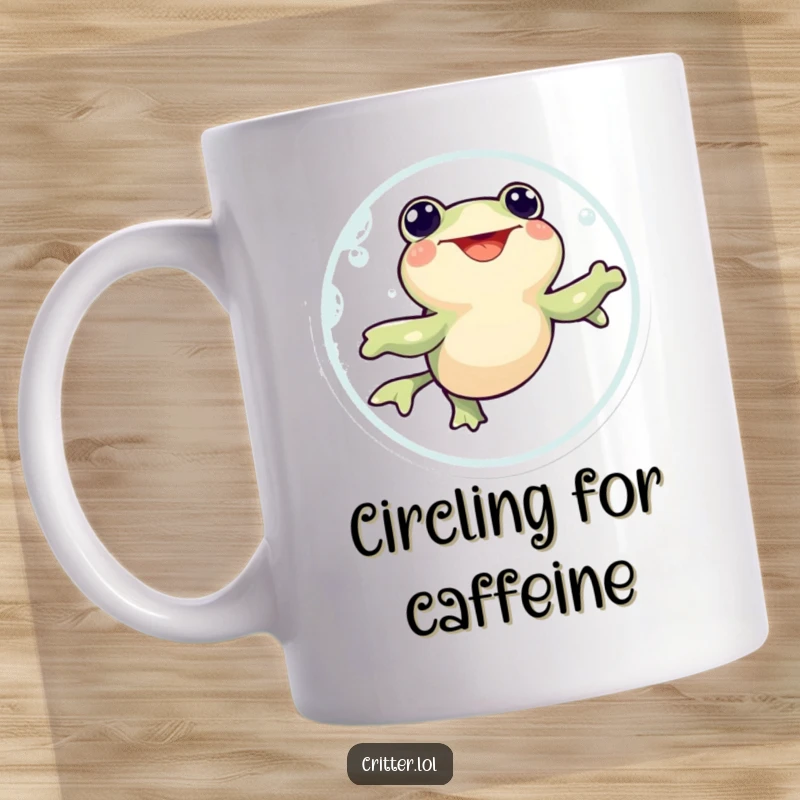 Funny mug featuring a happy tadpole character swimming in an excited, energetic circle.