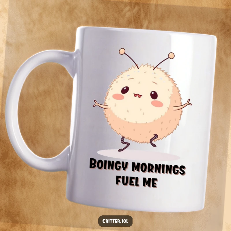 Funny mug showcasing a round, furry creature with antennae joyfully bouncing on springy legs. Captures pure, unadulterated happiness and energetic fun.