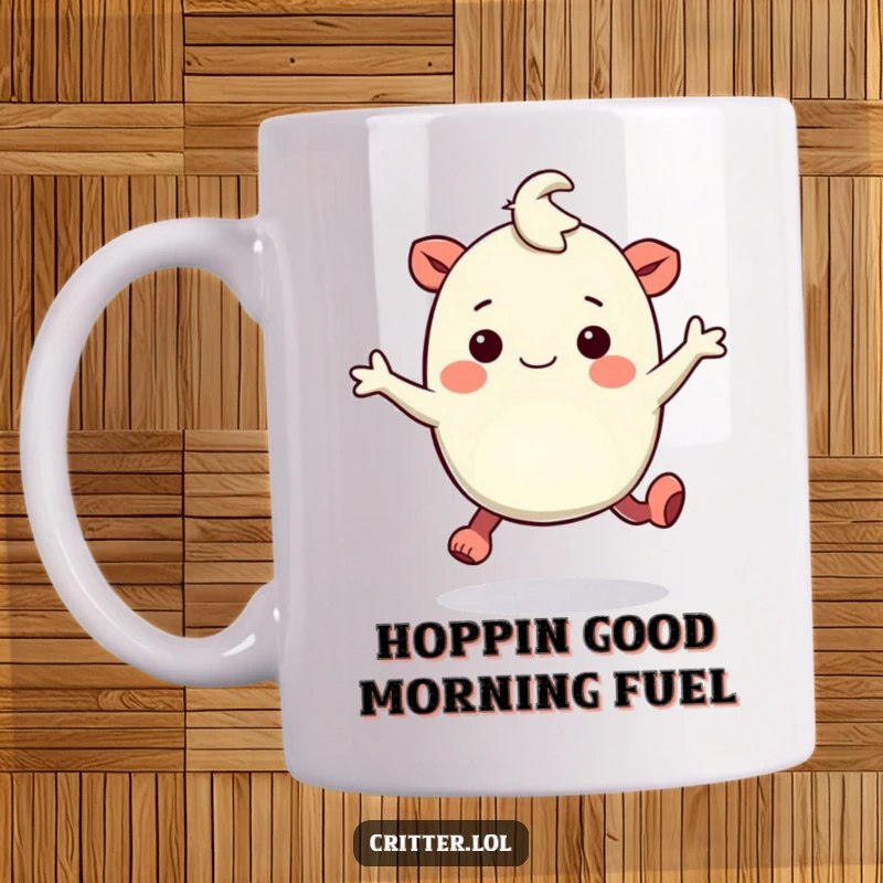 Funny mug showing a bouncy creature with rubbery legs hopping with evident amusement and a cheerful demeanor.