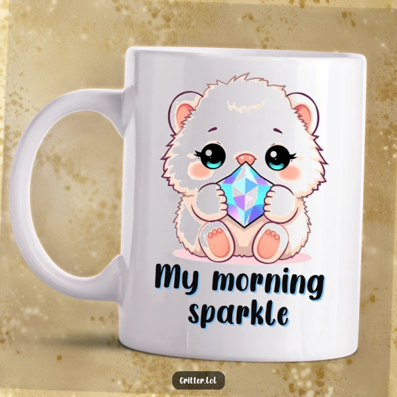 Funny mug with a fluffy critter tightly hugging a large, sparkling gem, radiating joy and possessiveness.
