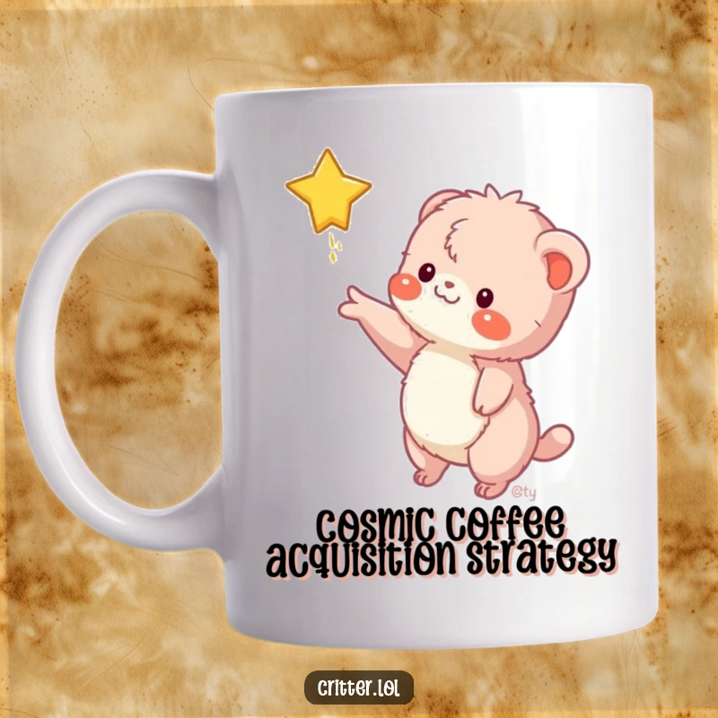 Funny mug shows a fuzzy creature reaching for a falling star, embodying hopeful ambition with a touch of playful silliness.