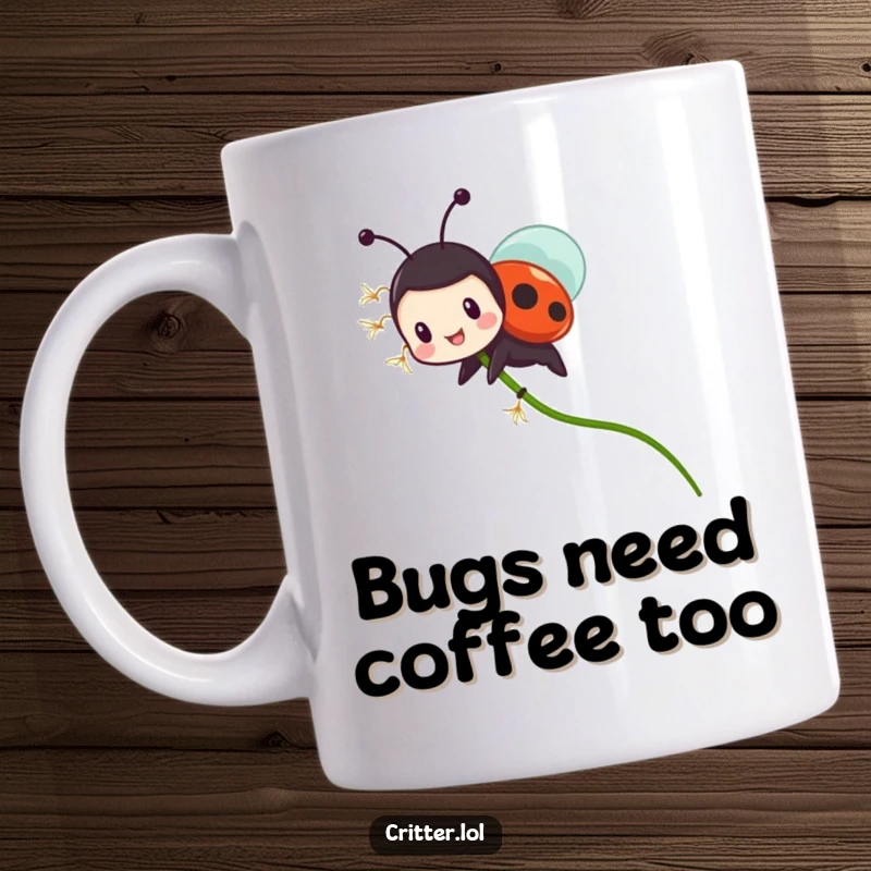 Funny ladybug mug with a tiny character riding a flying dandelion seed with glee, perfect for nature lovers and gift-givers.