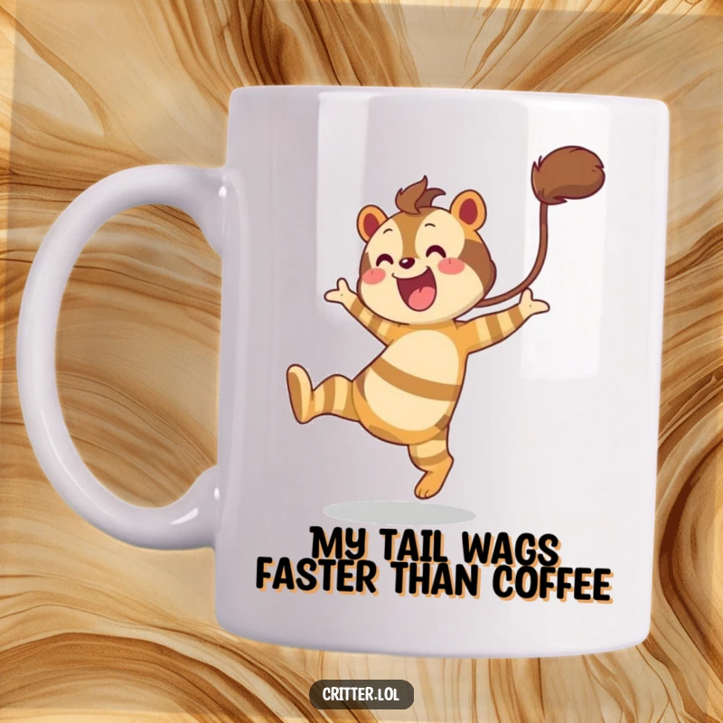 Funny mug showcasing a striped creature with a bushy tail leaping joyfully, full of energy and happiness.