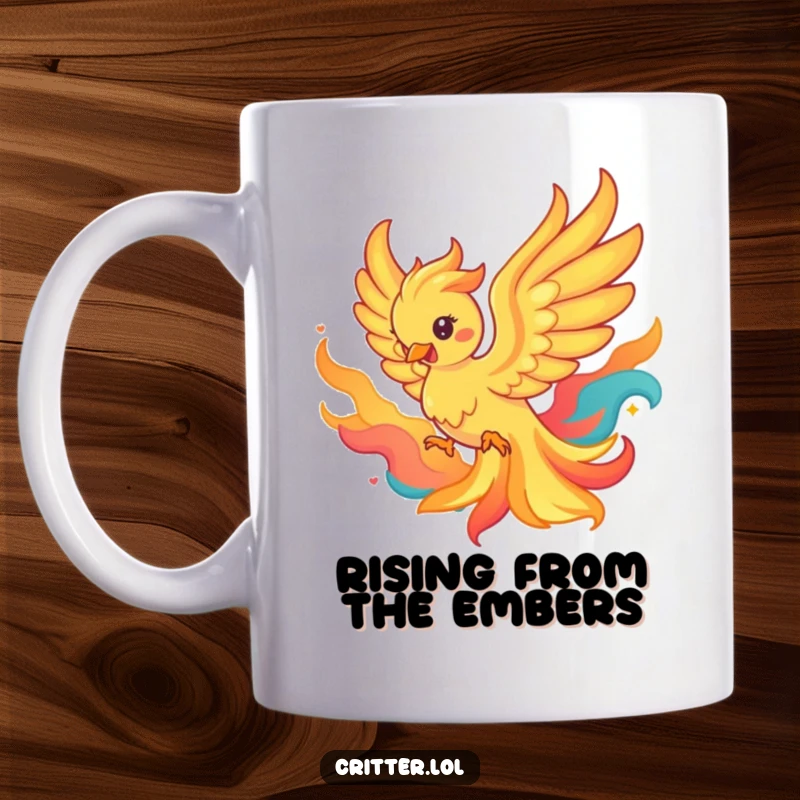Funny mug depicting a playful phoenix gracefully emerging from a burst of colorful flames, symbolizing rebirth and power.
