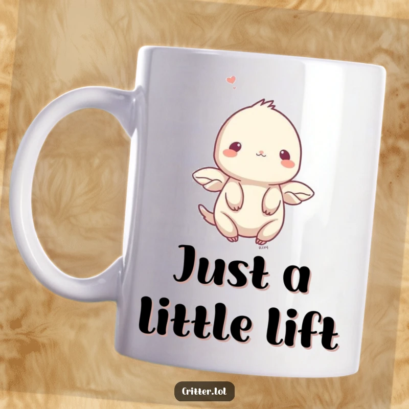 Funny shy creature with small wings fluttering upwards delicately, ideal for a funny gift mug.