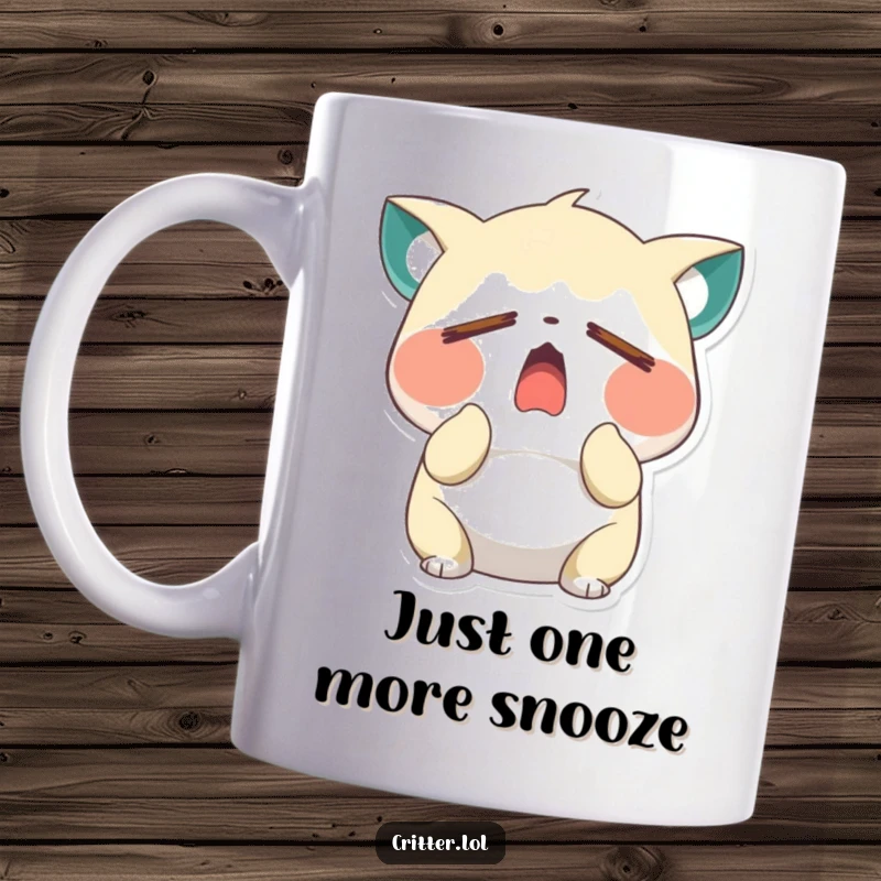 Funny sleepy critter character yawning wide with closed eyes, embodying morning exhaustion on a ceramic mug, a perfect gift.