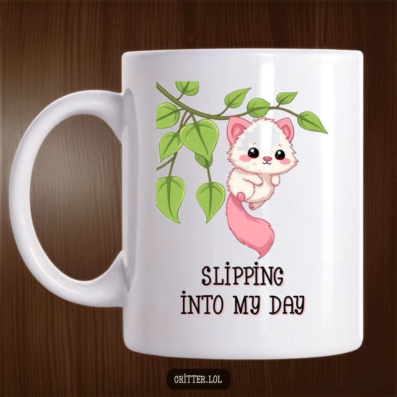 Funny mug showing a fuzzy critter with a long tail expertly sliding down a leafy green vine. Captures dynamic movement and playful energy.