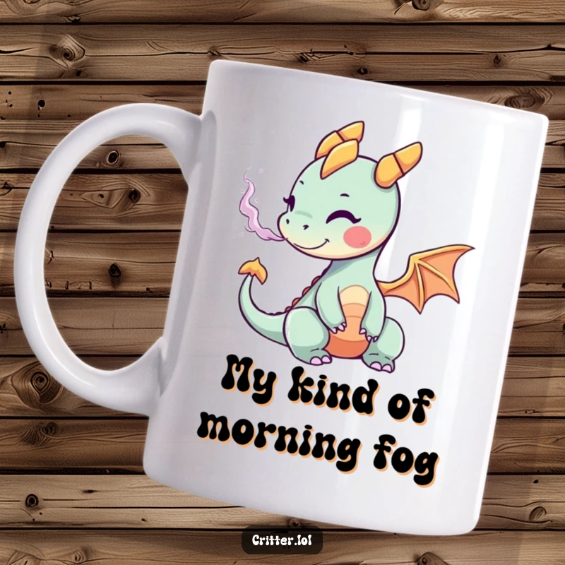 Funny mug featuring a tiny, adorable dragon exhaling a vibrant smoke ring, conveying joy and magic.