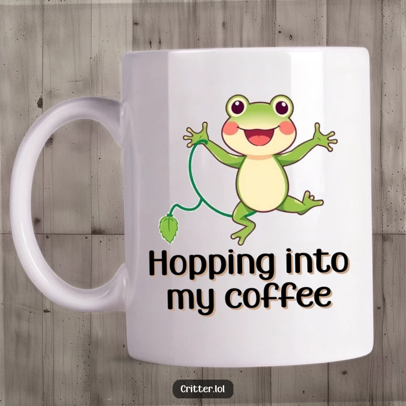 Funny little frog mug joyfully jumping rope with a long vine, showcasing energetic fun and a playful attitude.