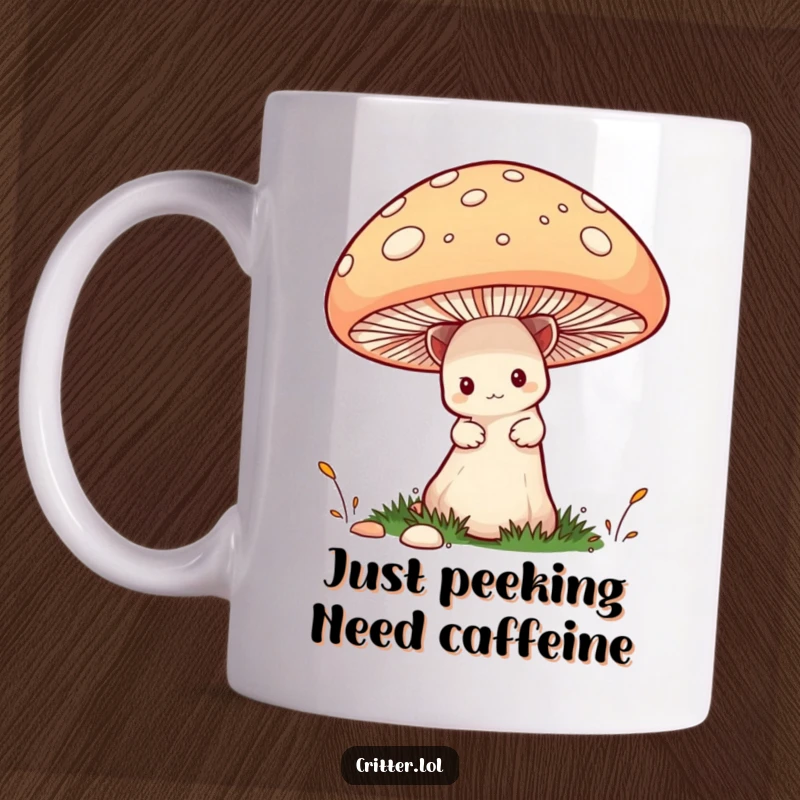 Funny Critter Mug: A shy, adorable critter peeks cautiously from behind a huge, colorful mushroom, embodying introverted charm.