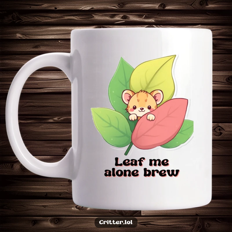 Funny mug featuring a shy critter peeking from behind a large, colorful leaf, embodying a gentle and reserved personality.