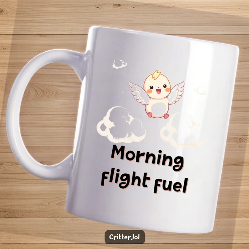 Funny mug shows a winged critter joyfully soaring through soft, fluffy clouds, conveying a sense of freedom and delight.