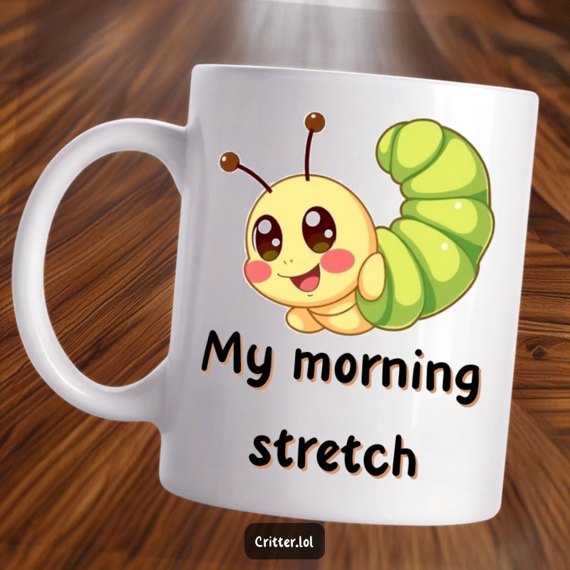 Funny cute caterpillar mug doing a somersault with big happy eyes expressing pure joy and fun.