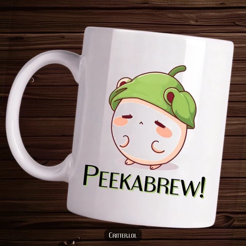 Funny mug showcasing a shy, round creature wearing a leaf hat, peeking out with a bashful expression.