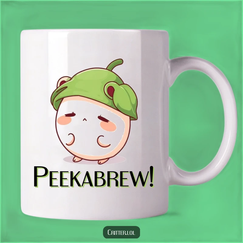 Funny Shy Critter Leaf Hat Mug, Cute Peek-a-Boo Gift, Adorable Coffee Cup