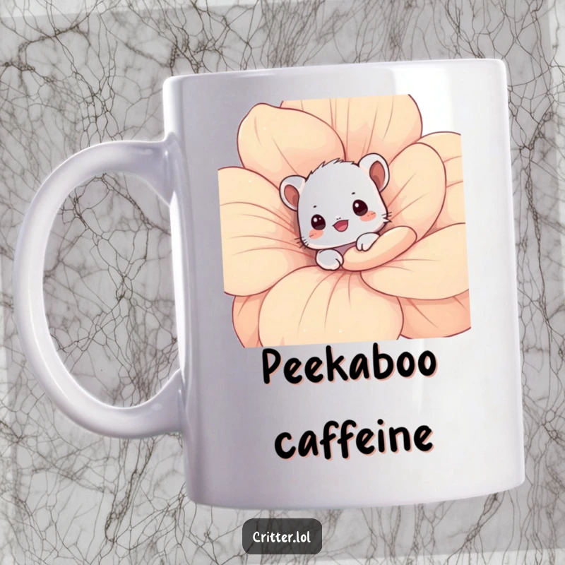 Funny shy critter mug featuring a cute critter peeking from behind a giant flower, exuding shy charm.