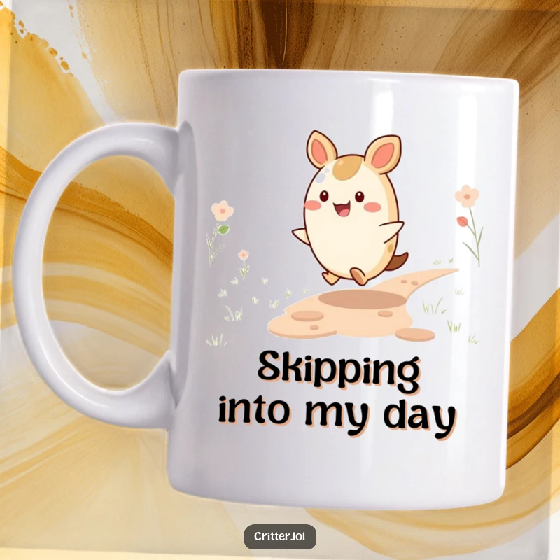 Funny Critter Mug: A round, joyous critter happily skips along a winding path, radiating pure, infectious fun.