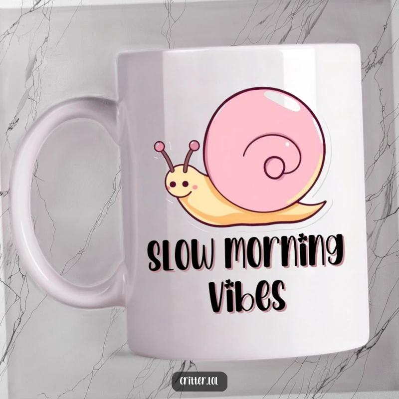 Funny happy snail mug doing a graceful spin, leaving a magical sparkly trail, embodying cheerful, slow-paced fun.