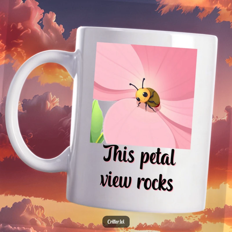 Funny mug with a curious beetle character adventurously climbing a huge, vibrant flower petal, showcasing determination and humor.