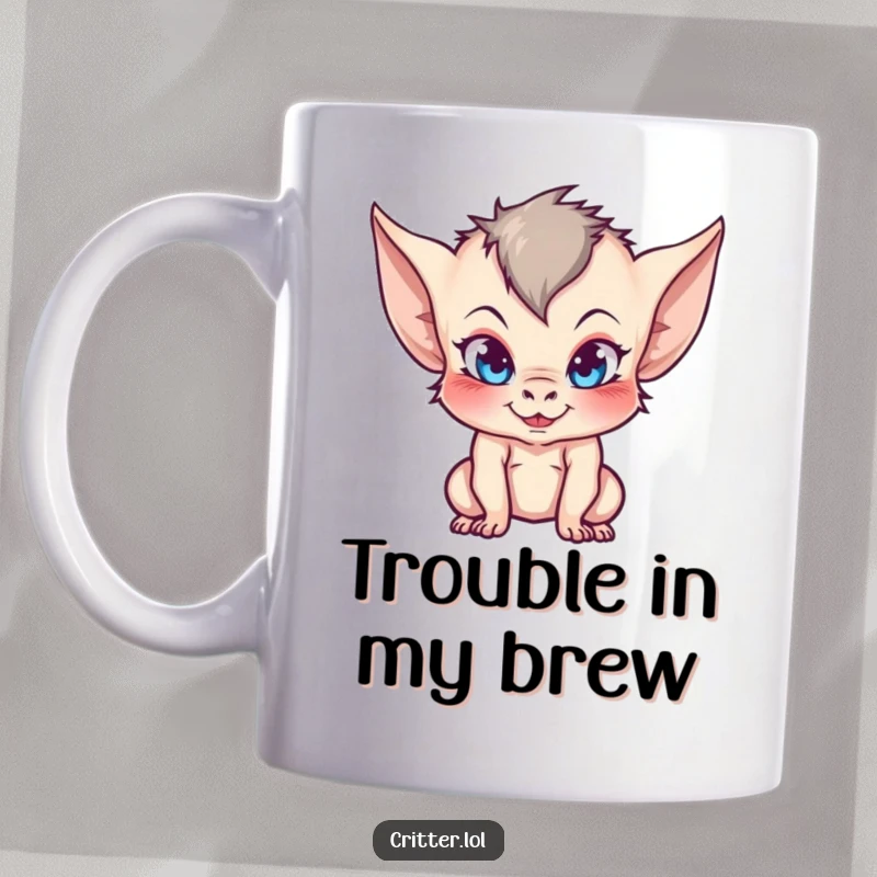 Funny mug showcasing a cheeky imp with large pointy ears, a mischievous grin, and a playful, impish aura.