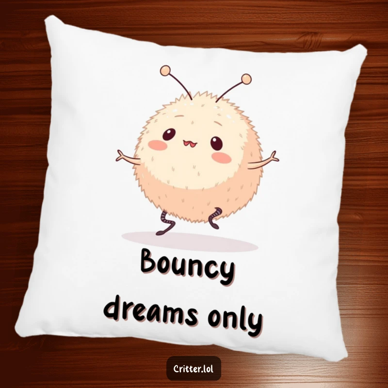 Funny pillow with a soft texture, showing a round, furry creature with antennae happily bouncing on springy legs. A humorous and comfortable decor item.