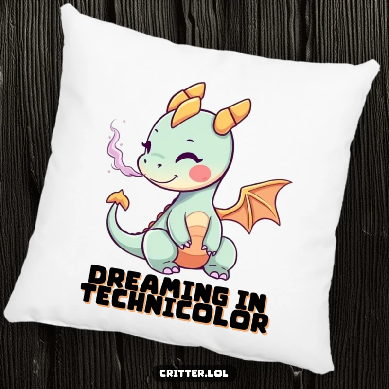 Funny pillow with a charming tiny dragon exhaling a vibrant, multi-hued smoke cloud, bringing comfort and joy.
