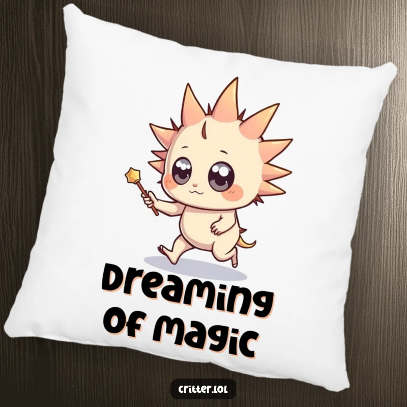 Funny pillow showcasing a spiky creature with wide eyes and a wand, doing a joyful skip, offering cozy comfort and magical delight.