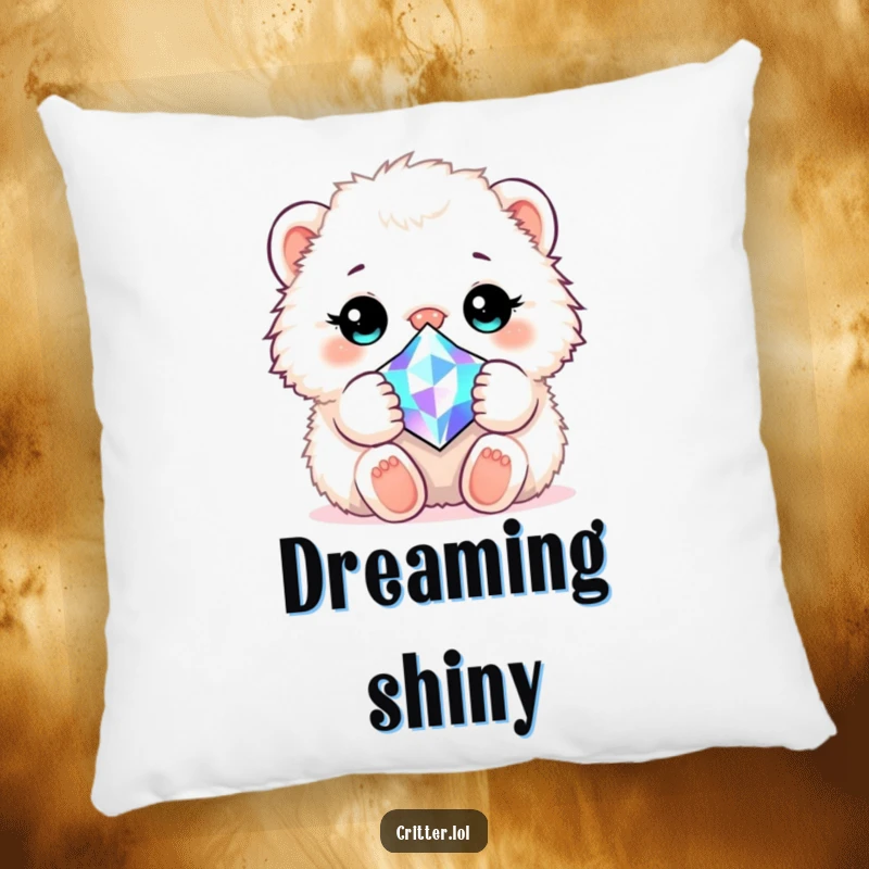 Funny decorative pillow with a fluffy animal embracing a precious, glittering gem, ideal for sofas and beds.