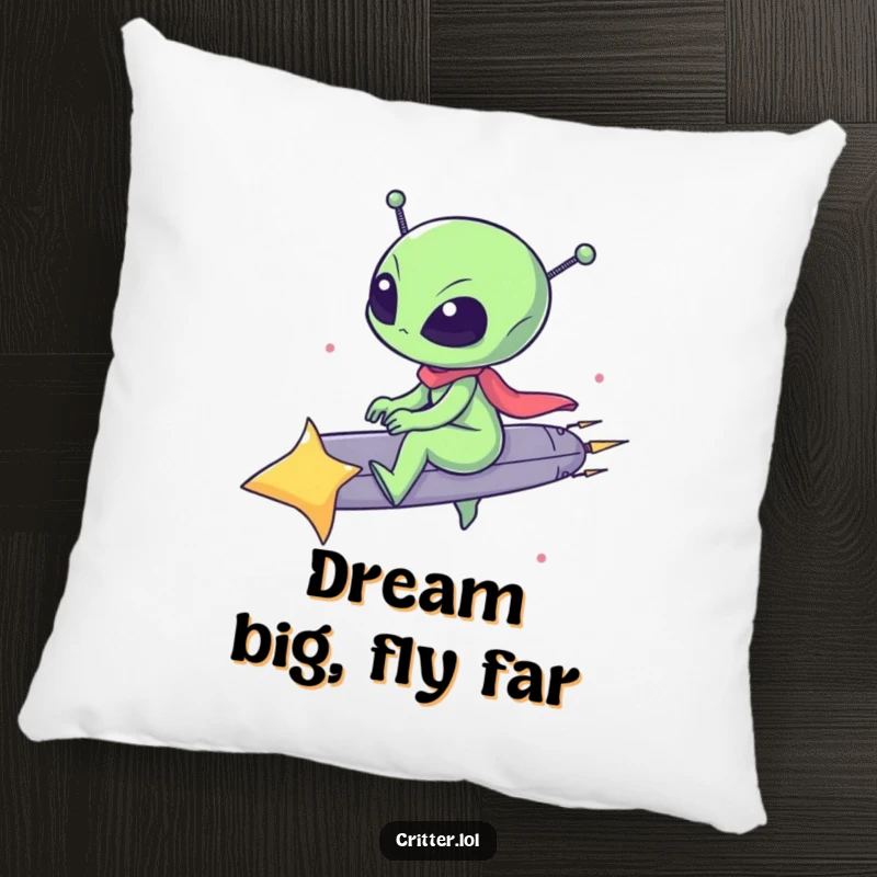 Funny pillow featuring a cute alien joyfully riding a speedy shooting star, adding a playful touch to any seating area.