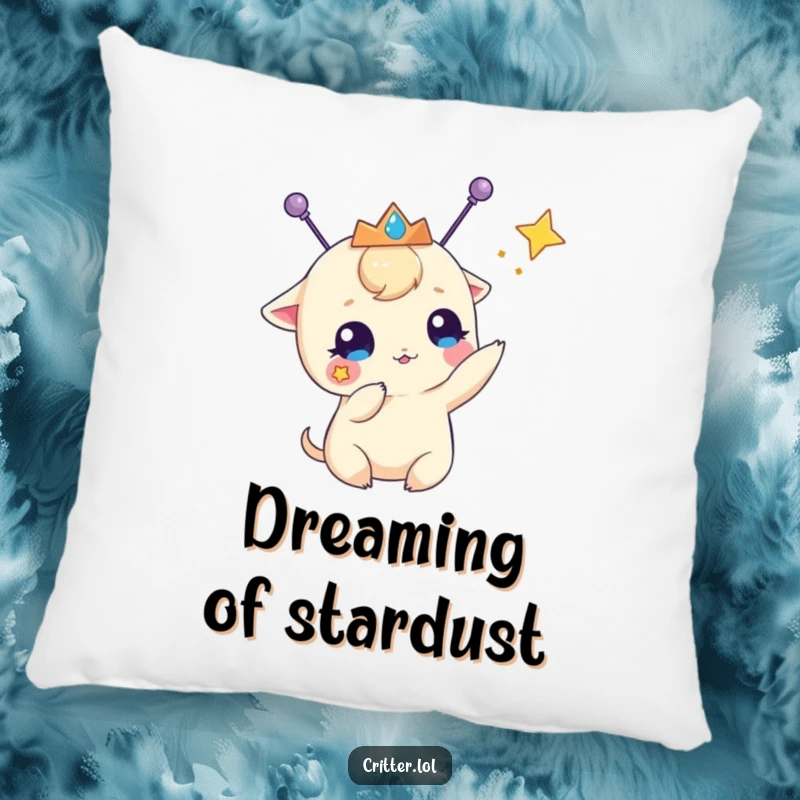 Funny pillow featuring a creature with antennae and a tiara, batting at a star, offering comfort and a whimsical, humorous touch.