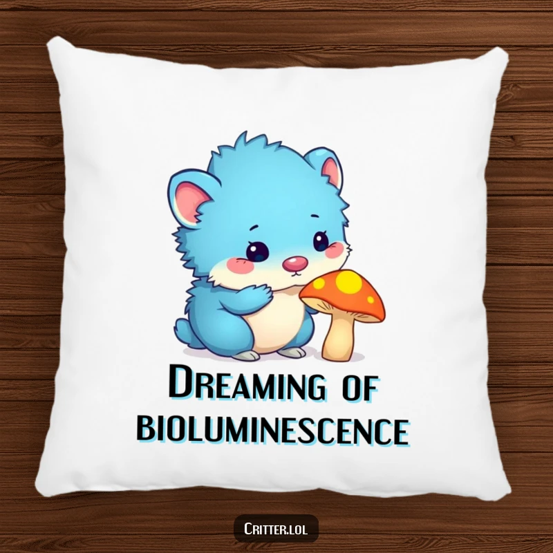 Funny blue furry critter with antennas sniffing a glowing mushroom, printed on a soft pillow for a cozy and funny accent.