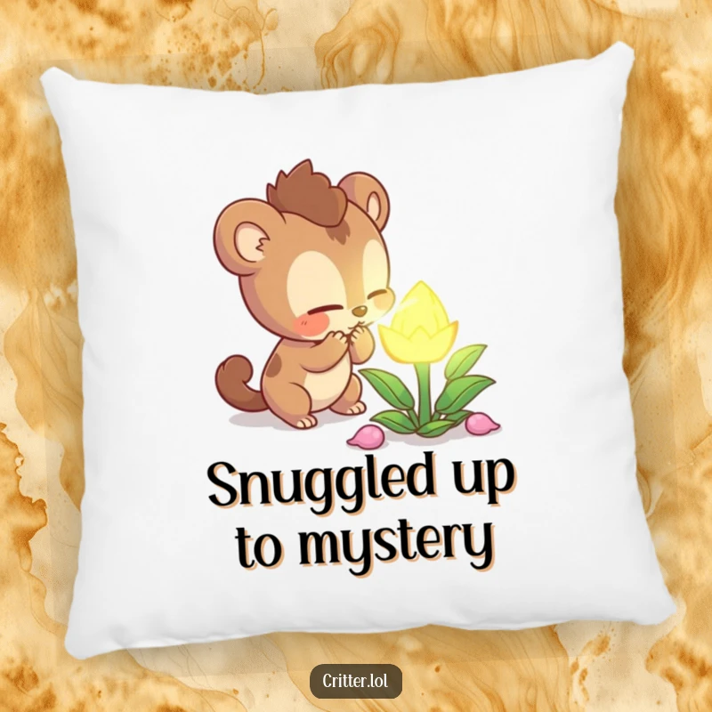 Funny curious creature character intently sniffing a mysterious glowing plant on a soft pillow, perfect for cozy nights and imaginative dreams, a gift.
