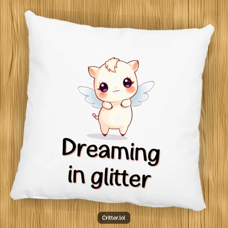 Funny Pillow showcasing a tiny winged creature in a joyful dance pose, emitting glowing sparkles, ideal for whimsical decor.