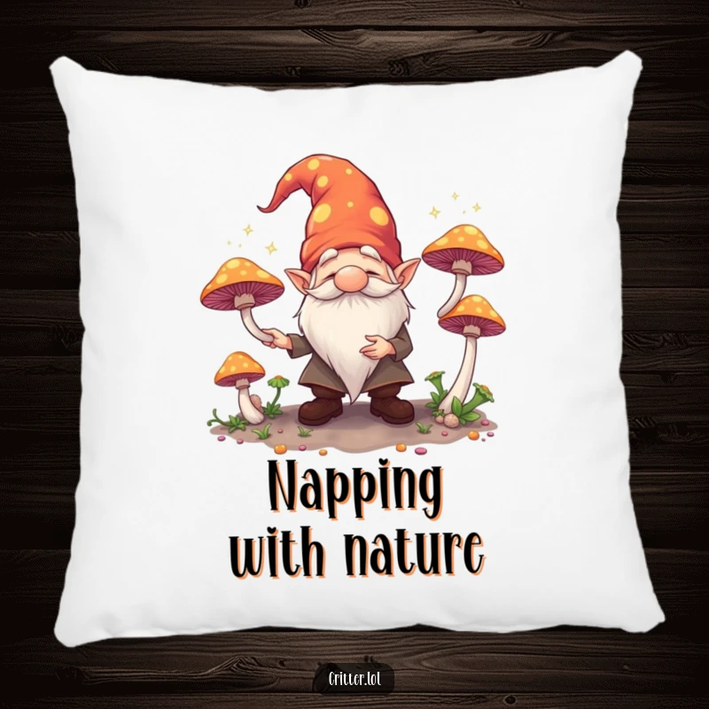 Funny pillow featuring a cute gnome juggling bright, glowing mushrooms, perfect for adding a touch of fantasy to any room.