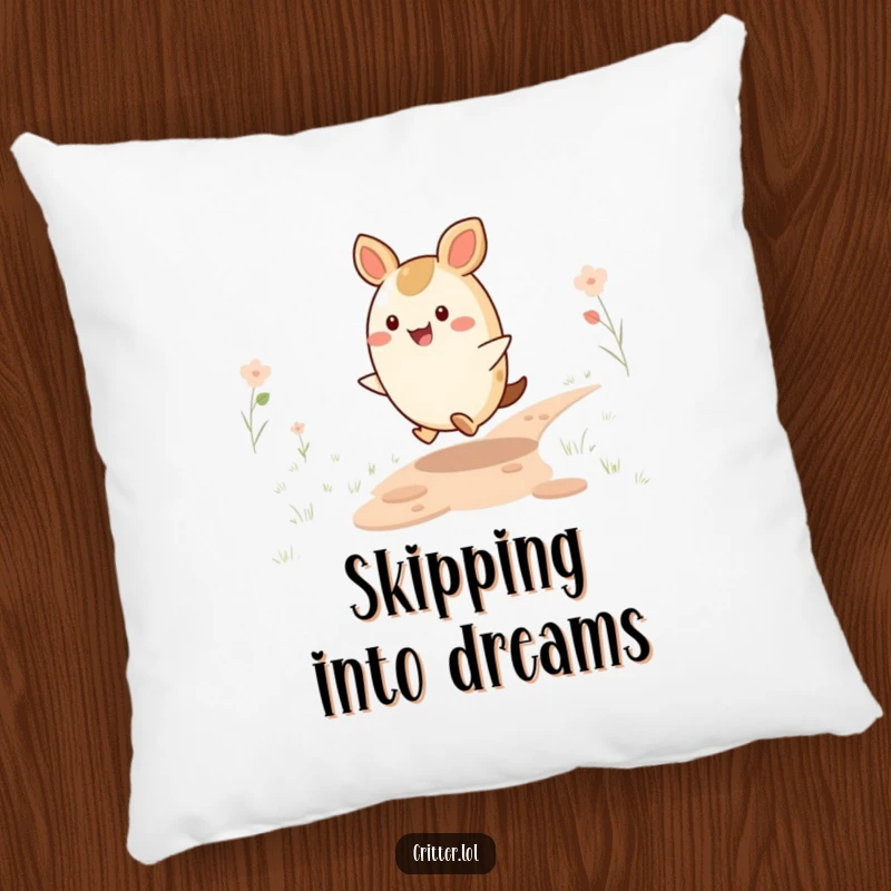 Funny Critter Pillow: A happy, round critter skips along a path, bringing cozy comfort and a funny vibe to any room.