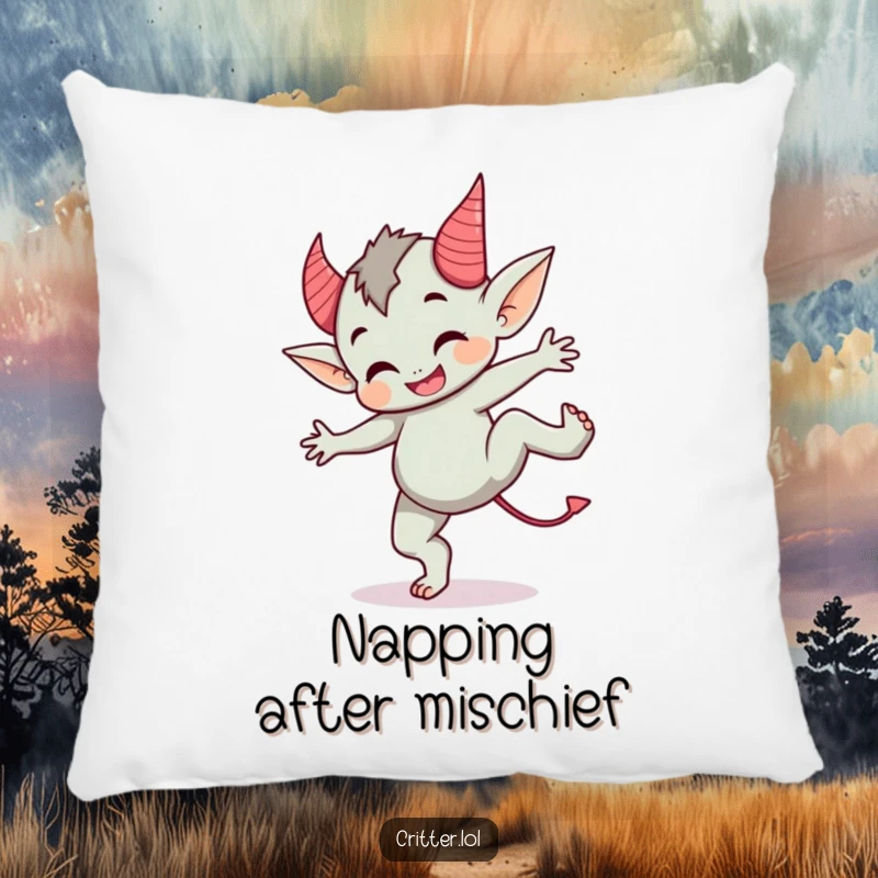 Funny pillow featuring a cute imp with devil horns doing a cartwheel, adding comfort and playful energy.
