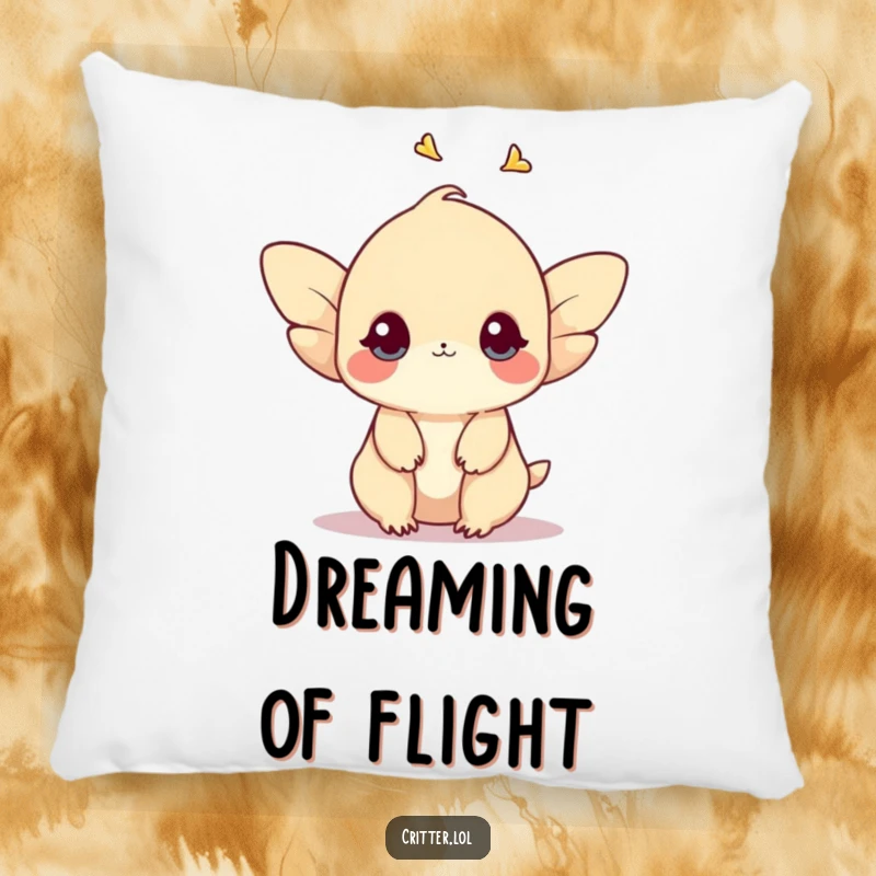 Funny decorative pillow featuring a shy creature with small wings fluttering upwards, embodying gentle comfort and humor.